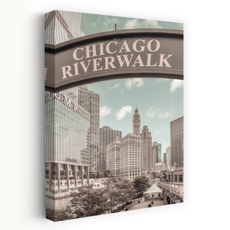 Chicago Riverwalk Urban Vintage Style Retro Vintage Abstract Architecture City Wall Art by Melanie Viola - Wrapped Canvas Print