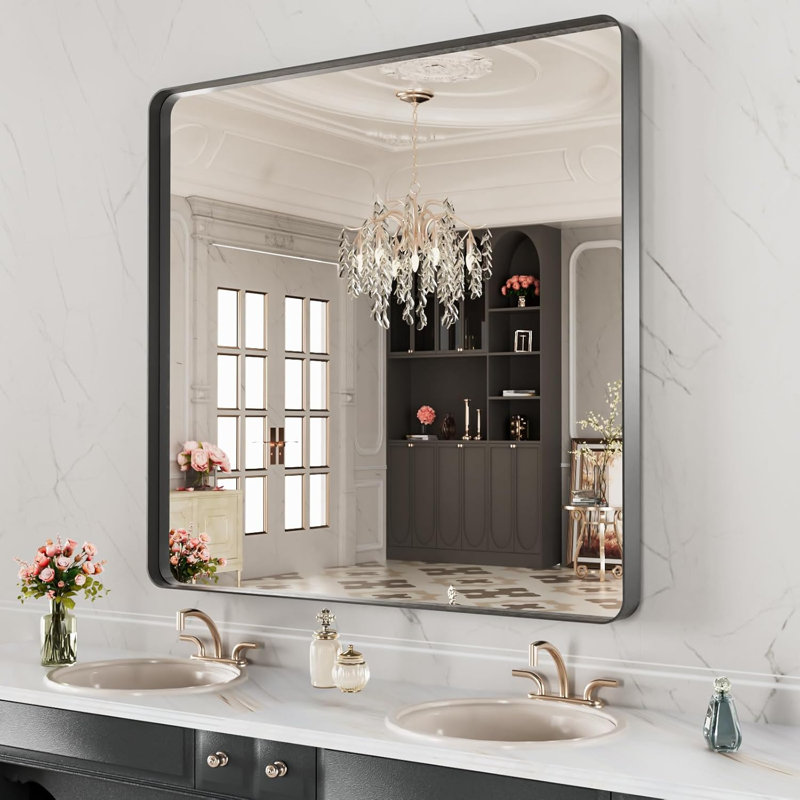 Miroir de salle de bain 28 po x 32 po avec cadre en métal noir, miroir de meuble-lavabo noir mat, antirouille, peut être suspendu horizontalement ou verticalement