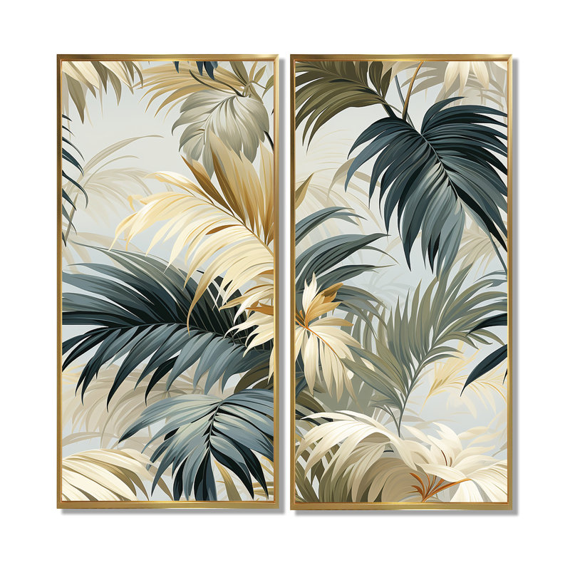«Whispering Palms Tropical» - Art mural tropical, H 32 po x l 32 po, Impression encadrée flottante, Doré