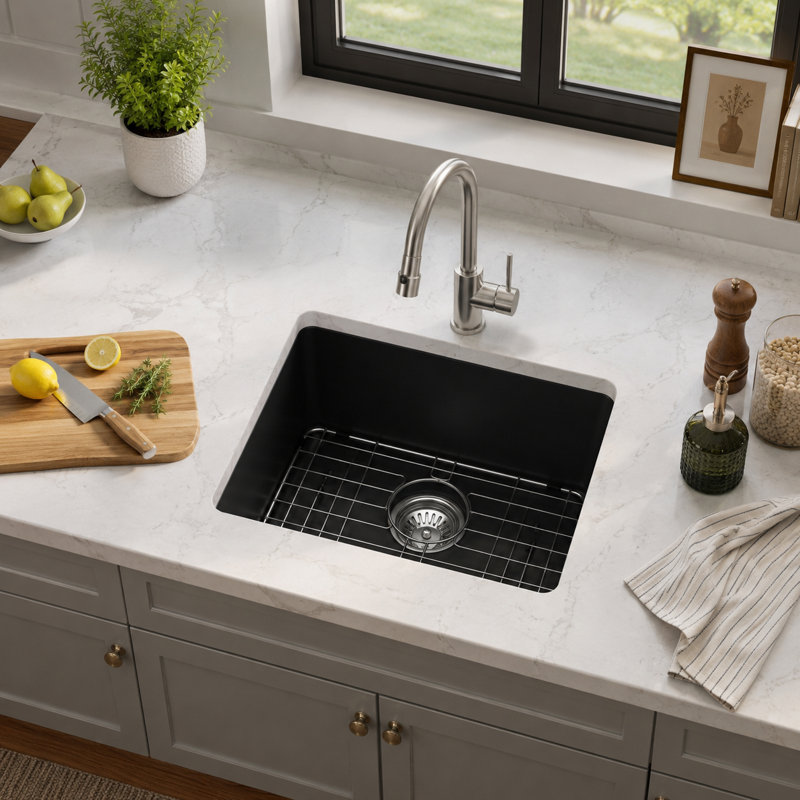 Évier de cuisine encastré en quartz noir mat 17 po x l 17 po, cuve de préparation en composite de granite avec grille d'évier, crépine et support à enrouler