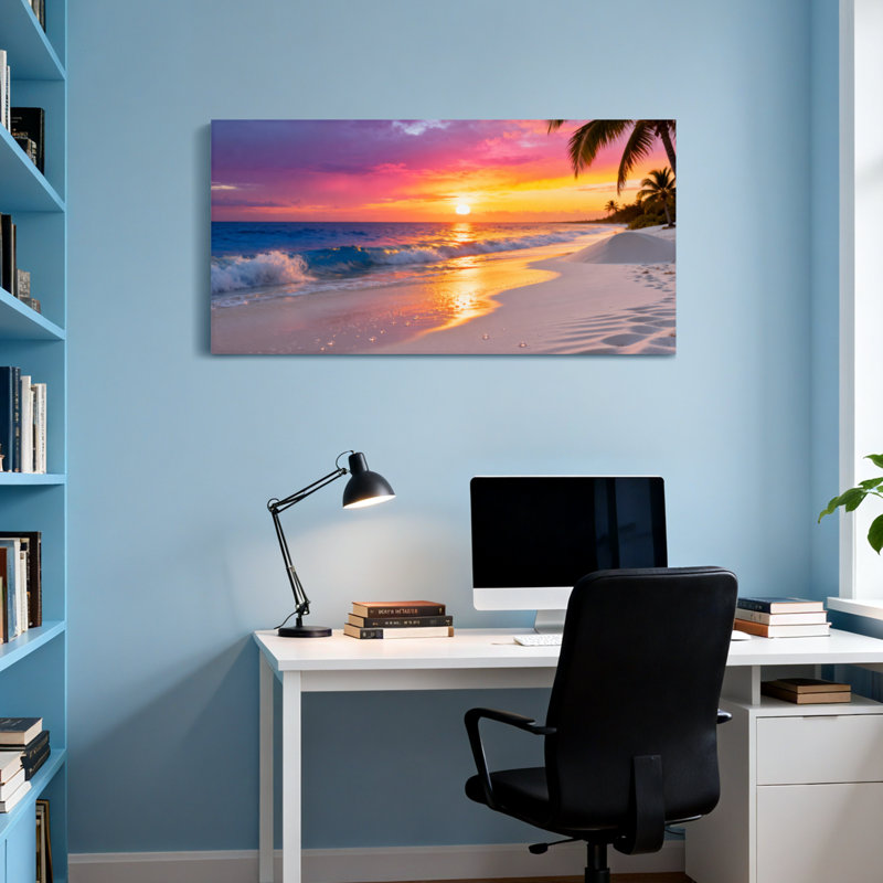 Paysage et nature, coucher de soleil tropical, plage, palmiers, vagues de l'océan, empreintes de sable, H 16 po x l 32 po