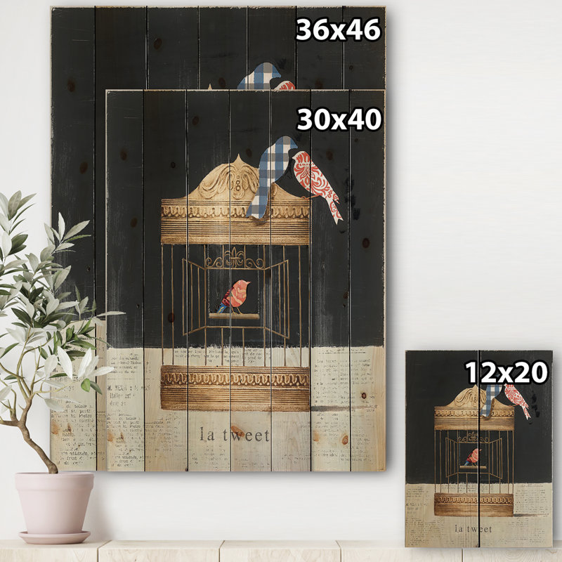 Collage de cage à oiseaux en or tweeter - Impression traditionnelle sur bois de pin naturel, H 46 po x l 36 po x P 1,5 po