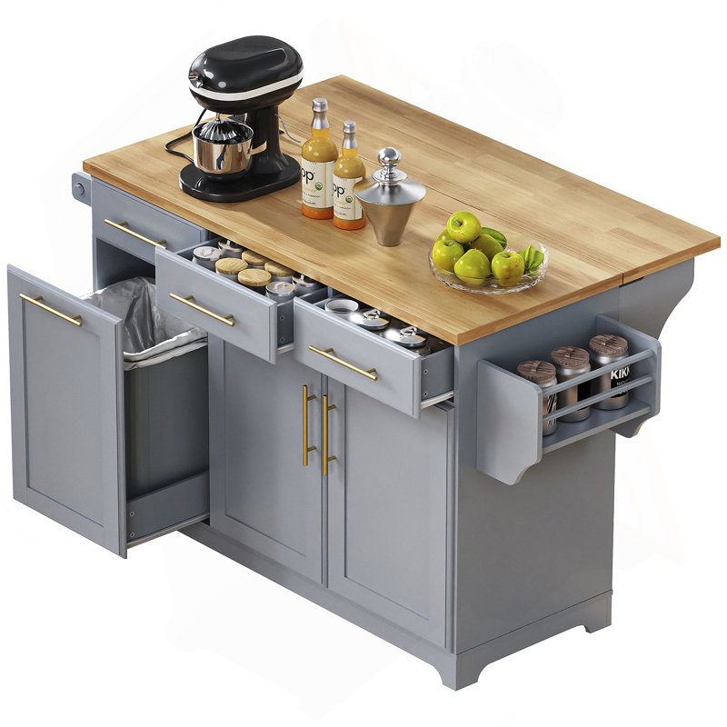 Îlot de cuisine 59,3 po avec 2 armoires coulissantes et rallonge en bois d'hévéa, îlot de cuisine roulant avec rangement pour poubelle, prise de courant, support à épices et à serviettes pour la cuisine, la salle à manger, gris-bleu