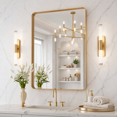 Miroir de salle de bain rectangulaire arrondi de 1,18 po avec cadre en alliage d'aluminium et verre trempé de qualité supérieure Lunara
