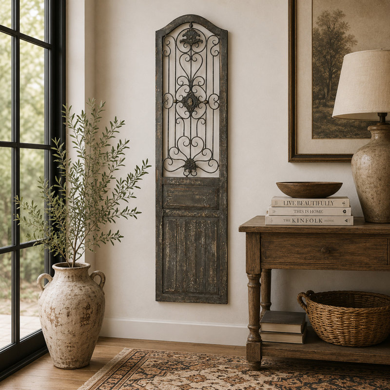 Wood Distressed Door Panel Scroll Brown Wall Decor with Metal Wire Details