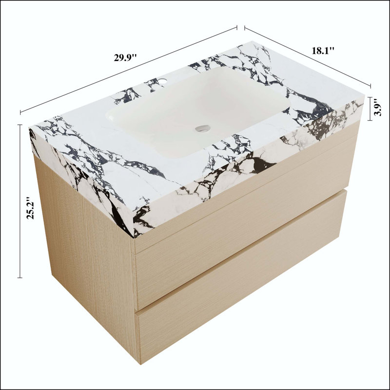 Meuble-lavabo mural 29,9 po avec plateau en faux marbre et tiroirs, Wood, White/Black