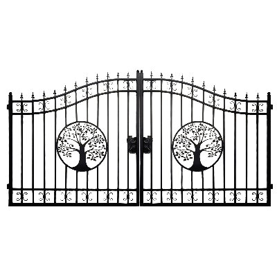 14FT Iron Dual Swing Driveway Gate - Tree Design