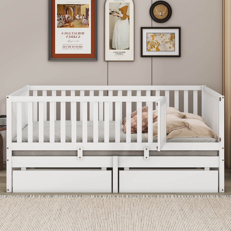Jordee Wood Daybed with Fence Guardrails and 2 Drawers, White, Full / Double