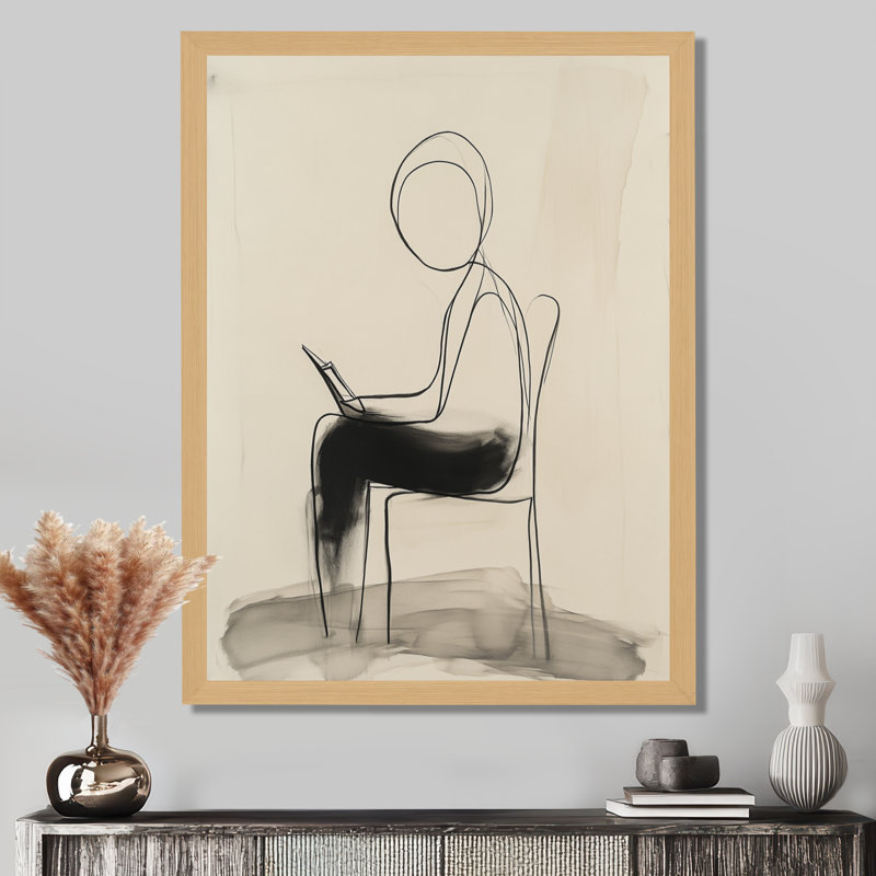 Heure de lecture tranquille - Décoration murale encadrée sur toile, dessin au trait, H 32 po x l 16 po, Cadre naturel