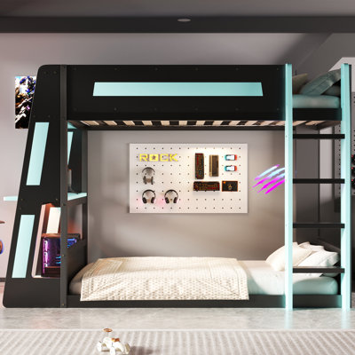 Twin Size Wooden Gaming Bunk Bed with Desk, USB, LED Light & Two Storage Shelves,Black+Blue