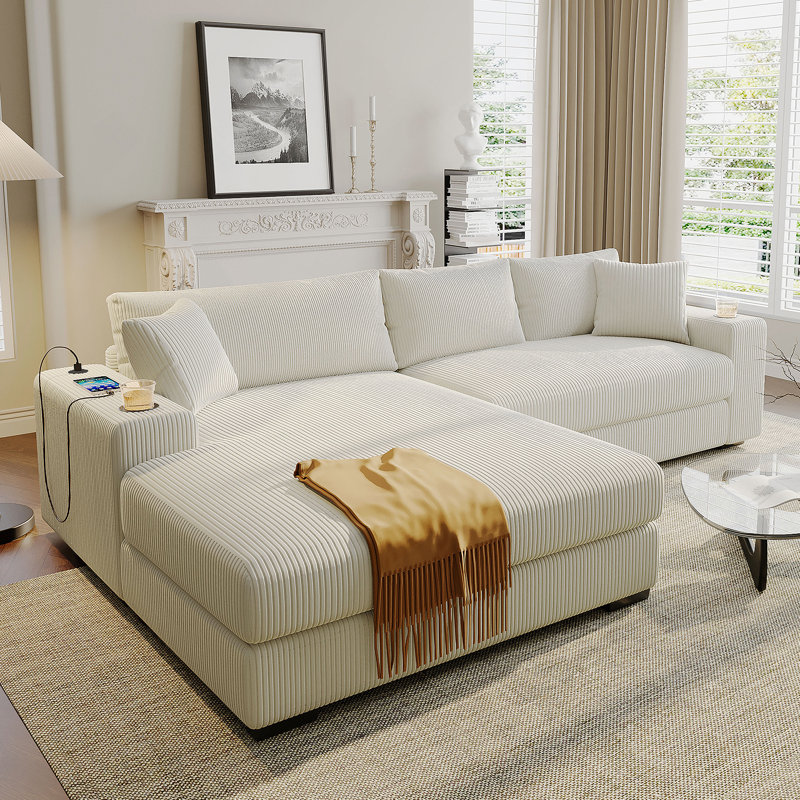 Grand canapé modulaire avec coussins épais et porte-gobelets intégrés et ports de chargement, Velours côtelé beige
