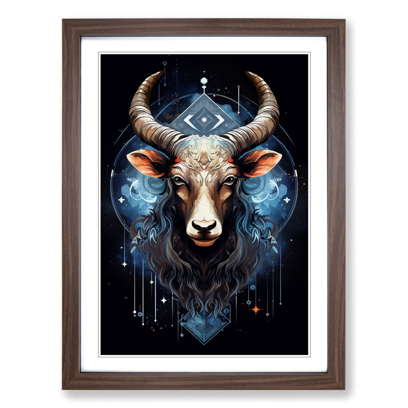XYZ-FRM-V1223-1608 Taurus Zodiac Geometric - Single Picture Frame Print on Wood, 64cm H x 46cm W x 2cm D, Walnut