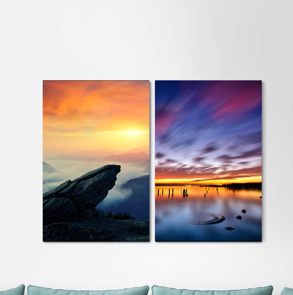 2-tlg. Leinwandbilder-Set - Fotografie „Mountains Rock Sunset Sky Clouds Lake Horizon”