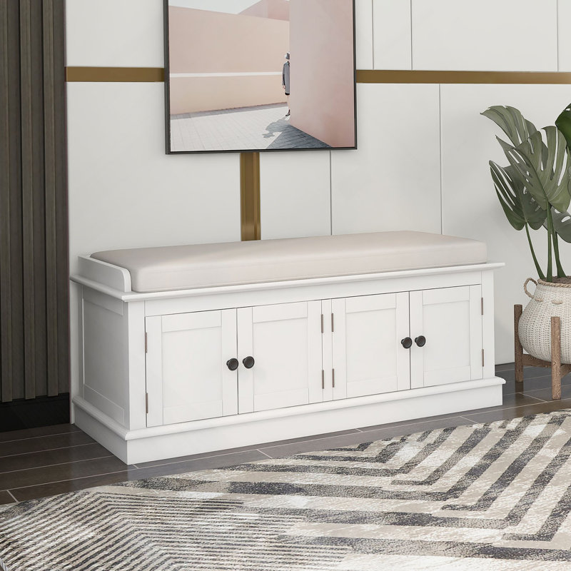 Banc de rangement avec tablettes réglables, banc à chaussures avec coussin amovible, Blanc