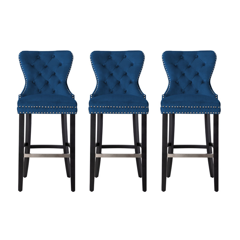Kirsten Upholstered Counter Stool with Metal Frame, Blue, Bar Stool (29" Seat Height), Black