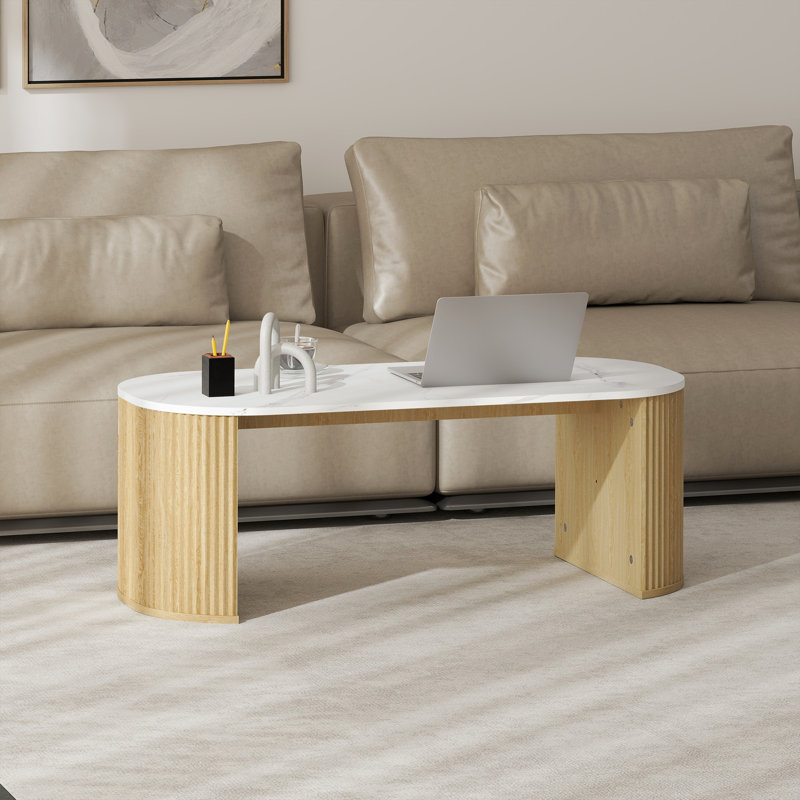 Table basse, table centrale avec plateau en marbre, bois naturel, Naturel