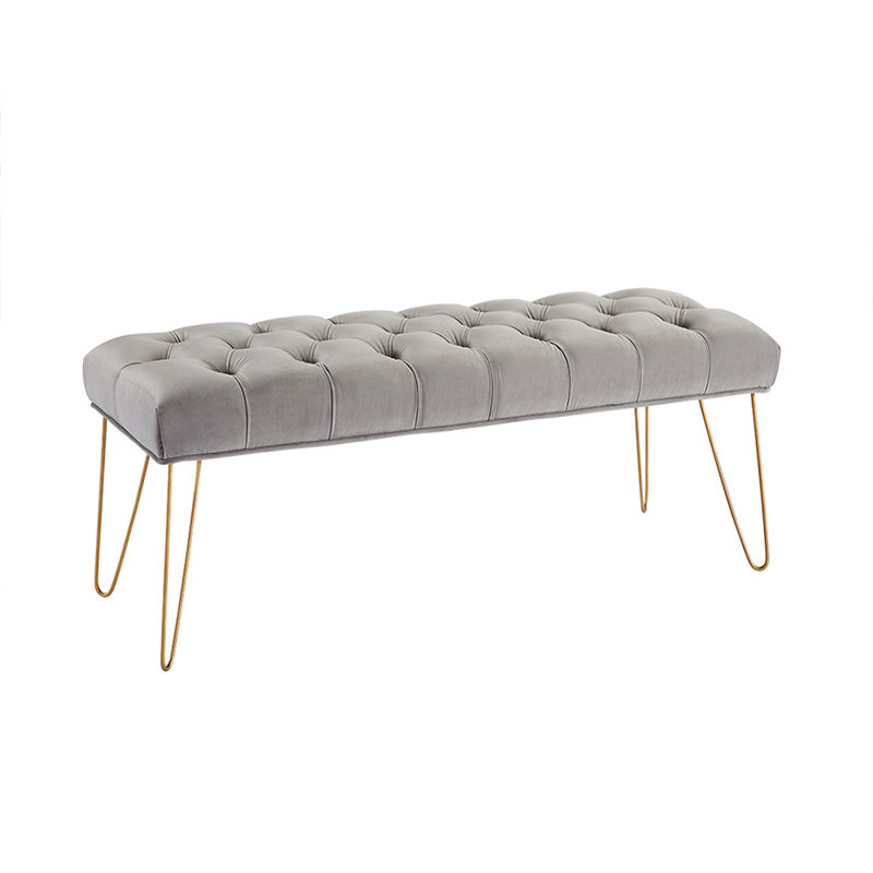 Banc en velours capitonné avec pieds dorés, Gris