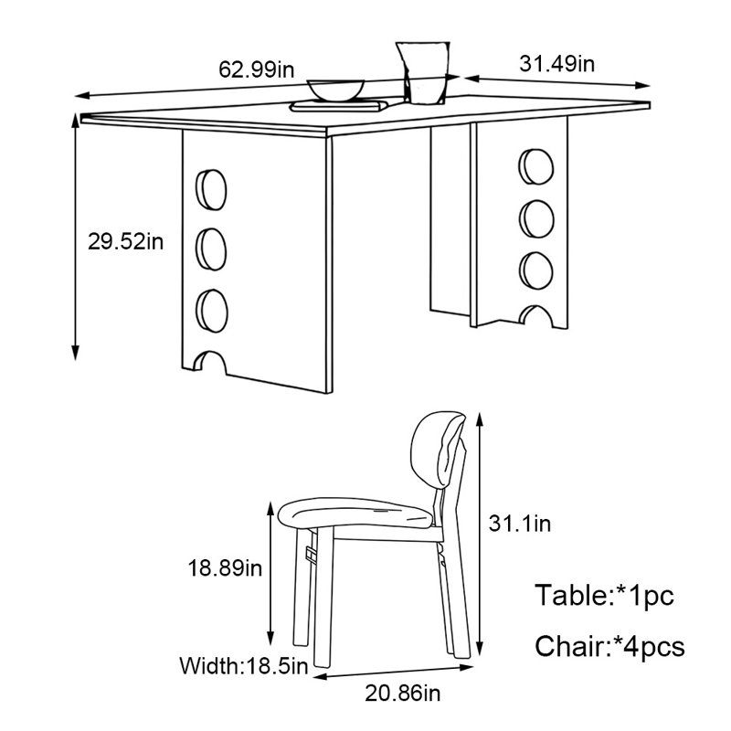 White full support rock plate dining table set, 29.52"H x 62.99"L x 31.49"W