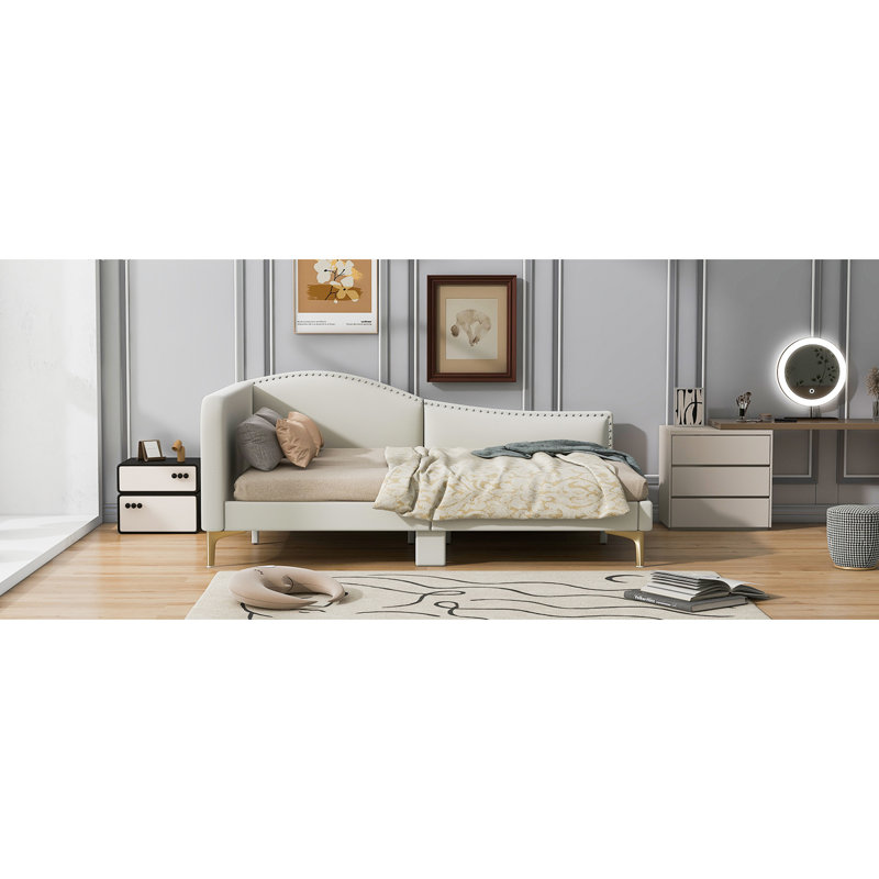 Lit de jour rembourré beige avec tête de lit et accoudoirs, pieds de soutien solides - Simple, confortable, pleine grandeur dans la tête de lit, accoudoir polyvalent