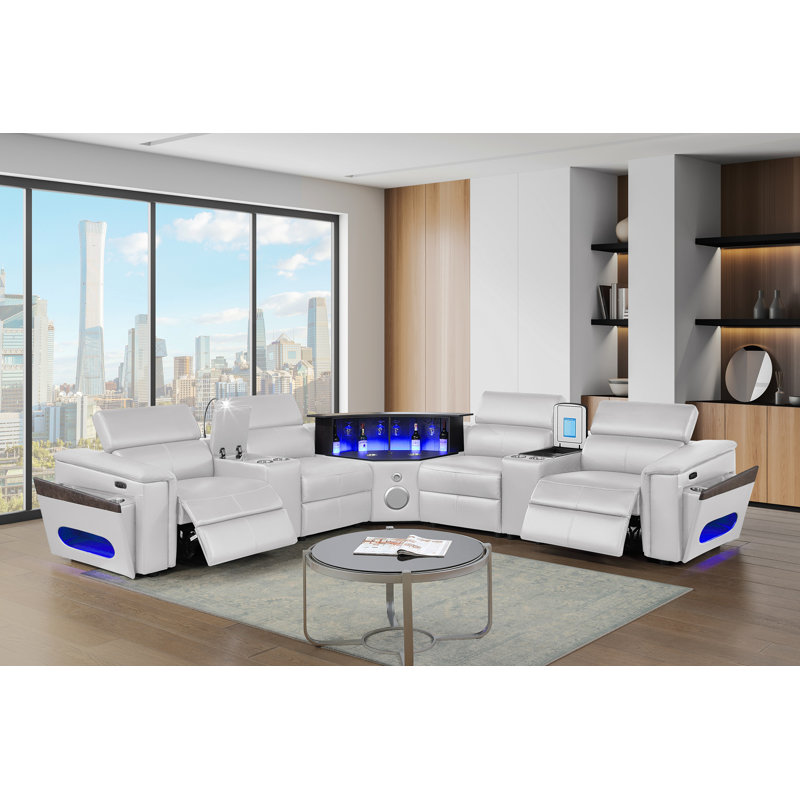 Canapé modulaire Nova avec 1 console (lampe de lecture), coin avec haut-parleur Bluetooth, armoire à vin à DEL et à levage - Blanc