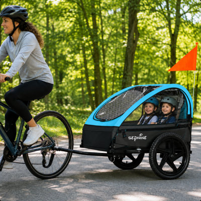  2-Seat Blue Foldable Kids Bike Trailer with Storage Bag and waterproof curtain