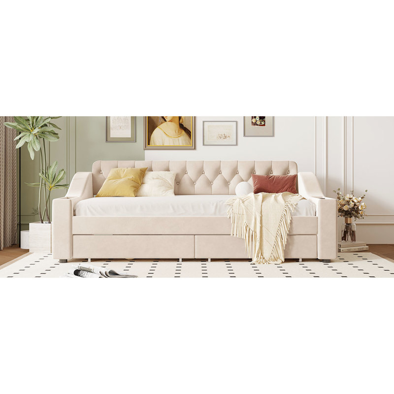 Lit de jour simple rembourré beige avec rangement pour accoudoirs et douille de ton, Beige