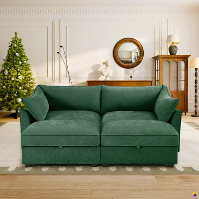 Eleen 78.7"W Chenille Modular Sectional Chaise Lounge, Seat Underneath Storage Basket, 2 Storage Ottomans