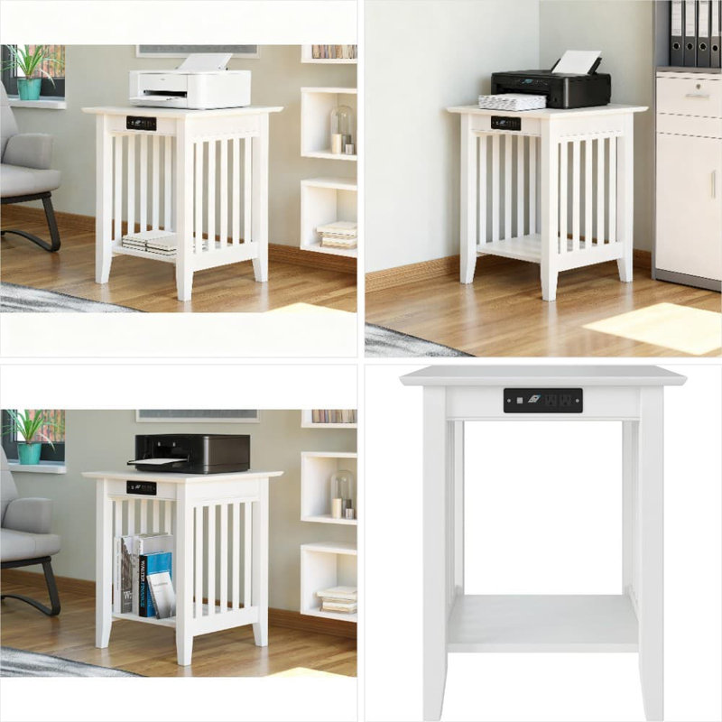 Support pour imprimante avec station de charge intégrée, mobilier de bureau en bois franc massif avec finition durable pour un espace de travail supplémentaire