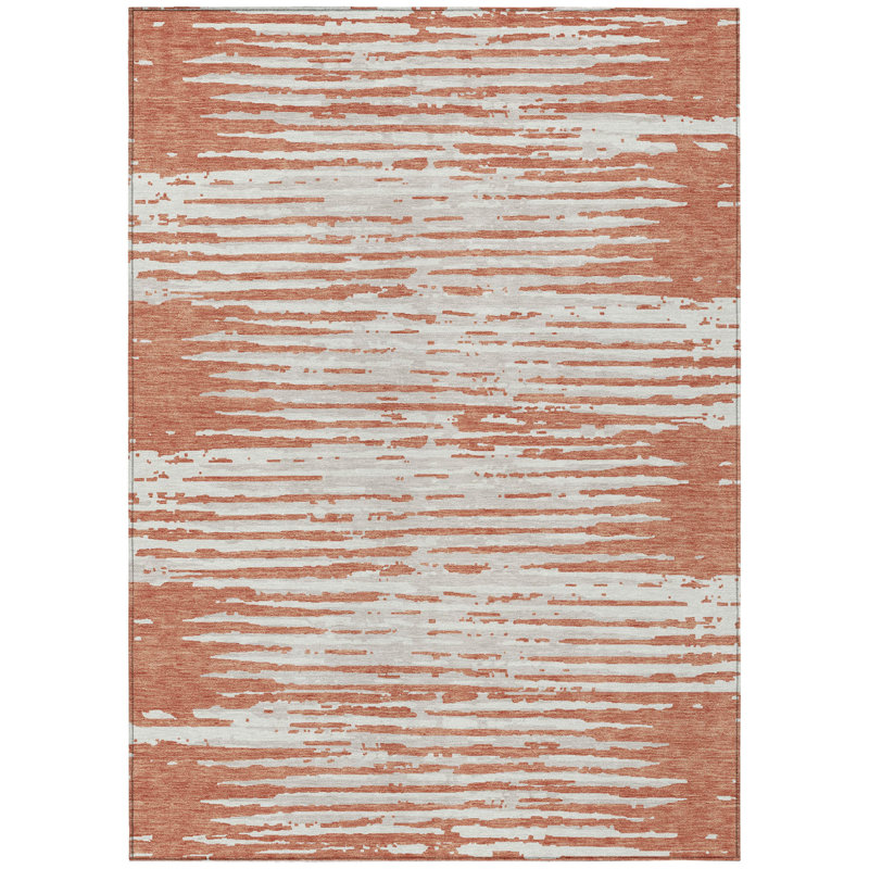 3' X 5' Coral And Ivory Striped Washable Indoor Outdoor Area Rug