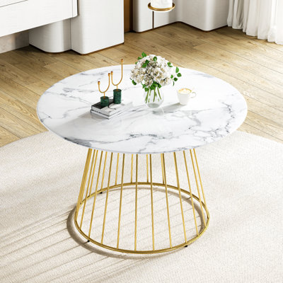 Modern Round Dining Table, 47.24" White Marble-style Glass Top With Gold Cage Base