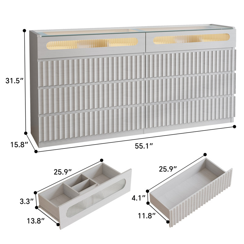 Modern 8-drawer Dresser With Led Lights & Glass Display Top, Fluted Chest Of Drawers For Bedroom,white, White