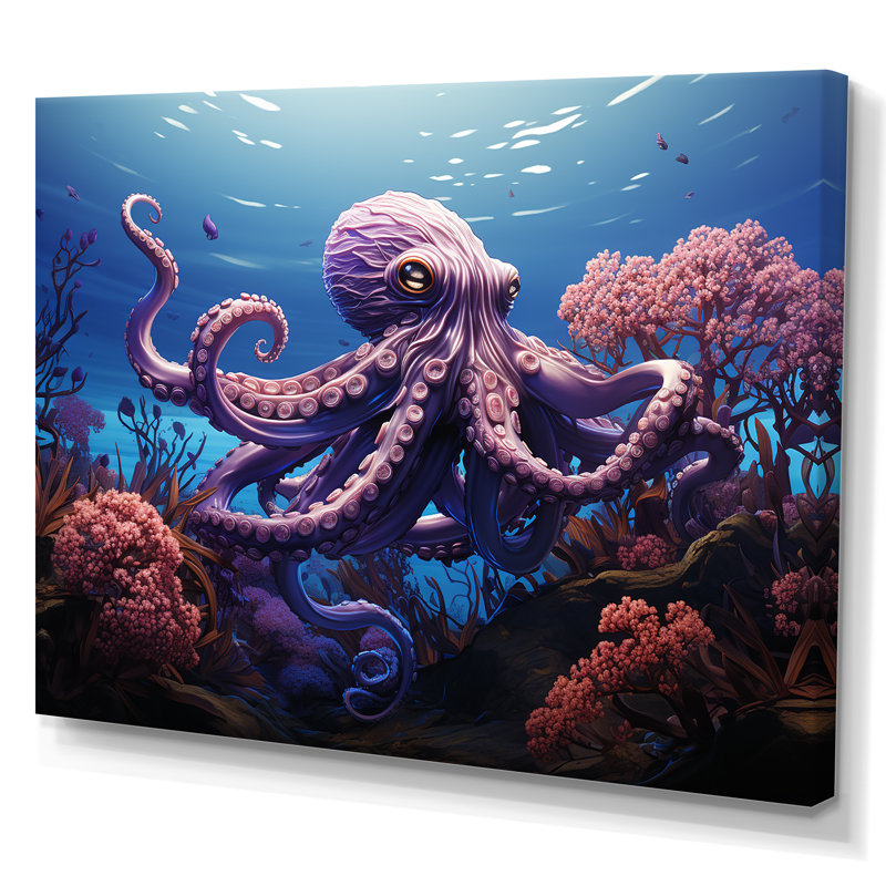 Mauve oasis de pieuvre I - art mural animaux côtiers, Toile tendue, H 16 po x l 32 po x P 1 po