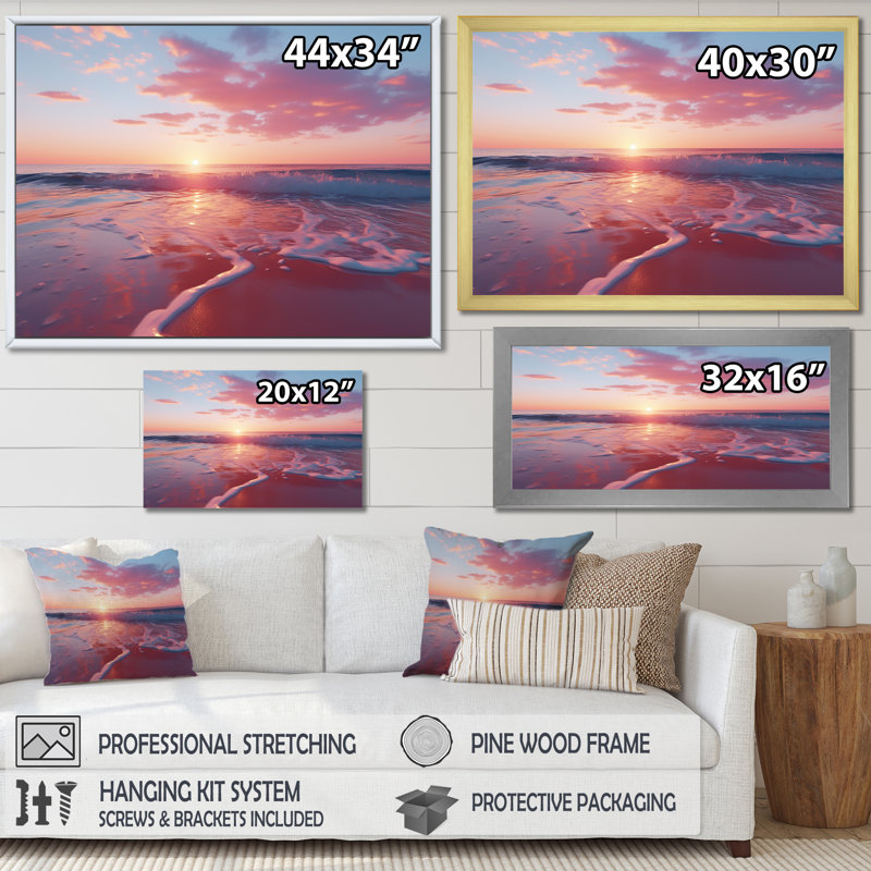«Beach Cotton Candy Sunset Skies II» - art mural coucher de soleil côtier, Cadre flottant blanc, H 12 po x l 20 po x P 1 po
