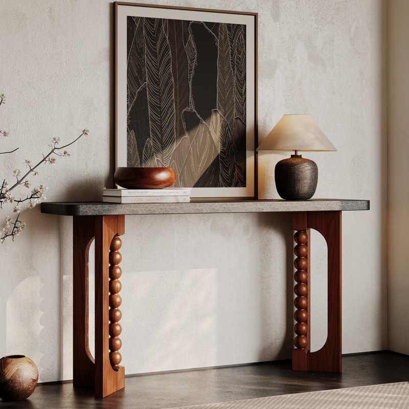 Console rustique avec base sculpturale et plateau en grain de bois