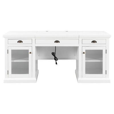 67" White Modern Rectangle Desk With 2 Glass Doors, 3 Drawers, Outlets, And Adjustable Shelving For Home Office Preferences Fix