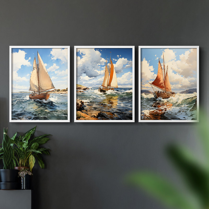 Série Sea and Shore LXV - Ensemble de 3 estampes numériques encadrées - Prêt à être accroché, Blanc, H 20 po x l 16 po