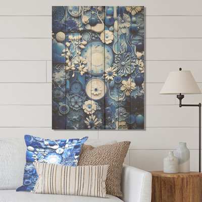 Blue And White Botanical Tiles III - Botanicals On Wood Print