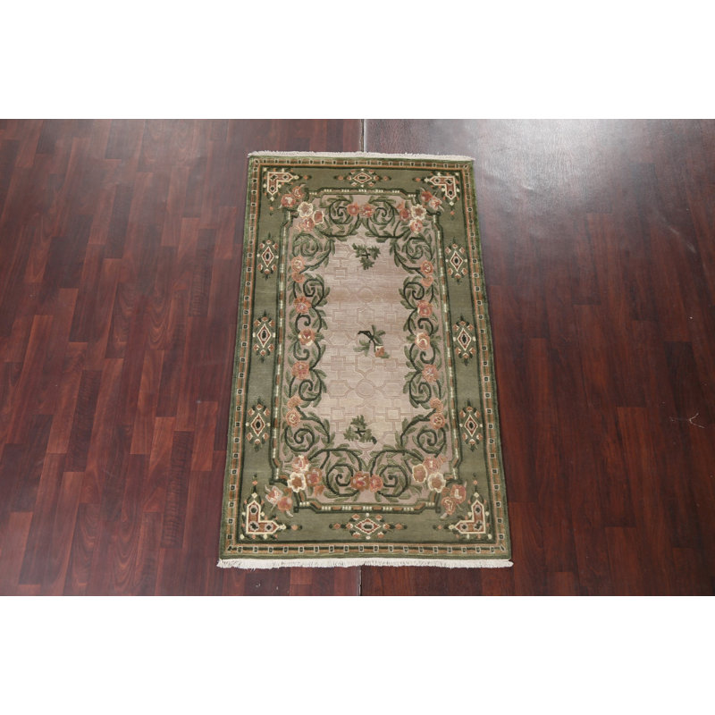 Tapis népalais beige et vert noué à la main 4 x 6