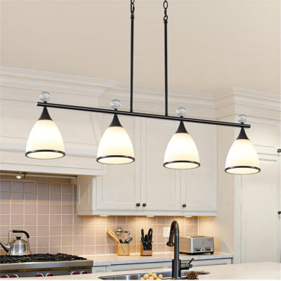 Îlot 4 lumières pour la cuisine, luminaire suspendu de style campagne moderne avec verre laiteux conique et boules de cristal, lustre suspendu linéaire réglable (noir)
