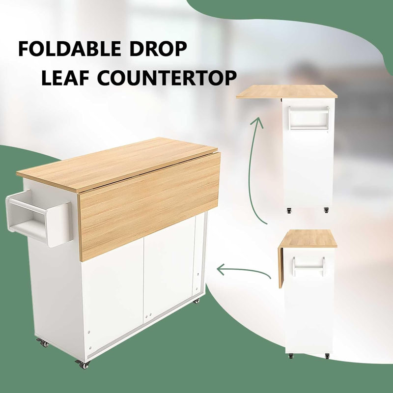 White Engineered Wood Kitchen Cart with Drop Leaf and Spice Rack
