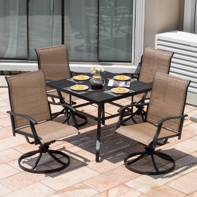 Outdoor Dining Set, PVC-coated polyester Fabric, Powder-coated Iron Frame, 28.3" H x 37" W x 37" D, Brown