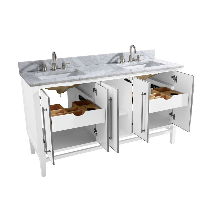 Ensemble de meuble-lavabo double 61 po avec miroir Ewen, Blanc, Argent brossé, Blanc de Carrare