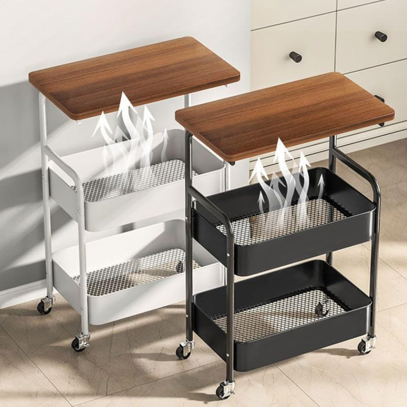 3-Tier Rolling Cart w/Wooden Tabletop, Utility Cart w/Lockable Wheels, Multipurpose Storage Organizer Trolley for Kitchen, Office, Bedroom, Sturdy Metal Frame for Small Spaces, Easy Assembly
