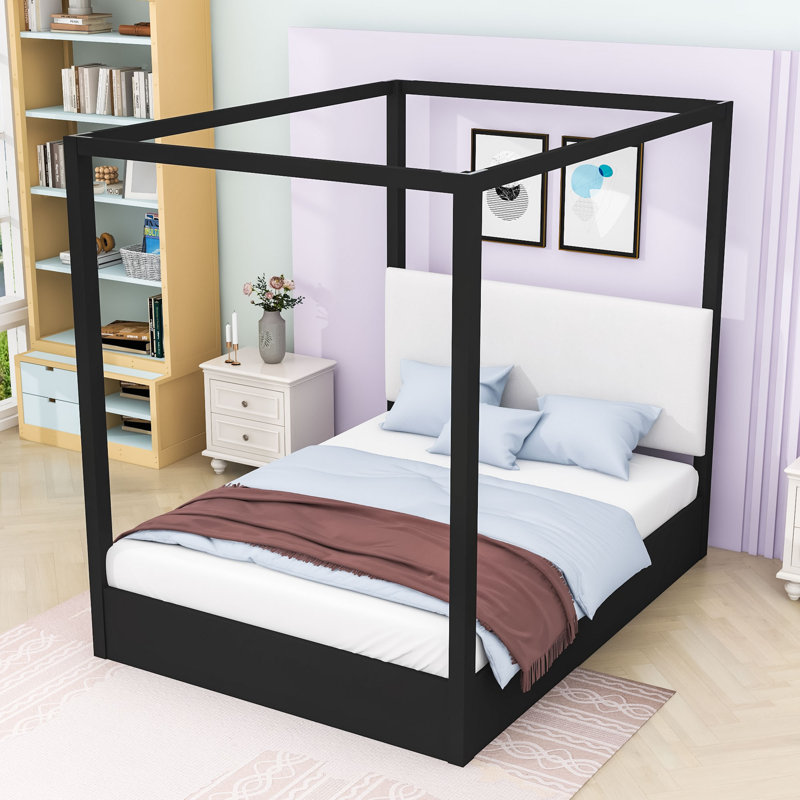 Lit plateforme à baldaquin avec tête de lit tapissier de qualité supérieure, Noir, Grand lit