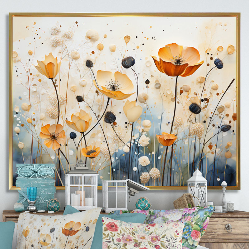 Décoration murale orange et bleu avec sourdine botanique I - Botanicals abstraits, H 16 po x l 32 po x P 1 po
