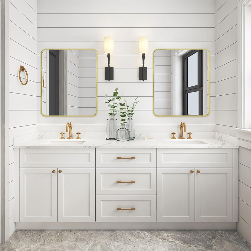 Miroir de salle de bain mural en métal doré, miroir de meuble-lavabo de coin rectangulaire arrondi doré brossé, antirouille, verre trempé (30 po x 36 po, doré)