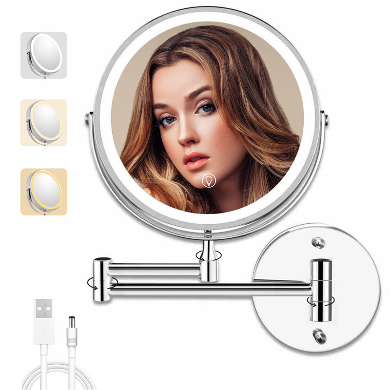 Miroir de maquillage mural 1X / 10X - Miroir de meuble-lavabo double face 8 "avec 3 lumières de couleur pour la salle de bain | Studio de maquillage pour la salle de bain | 3000 Mah-USB Rechargeables | Intensité tactile | Rotation à 360 ° avec bras allongé