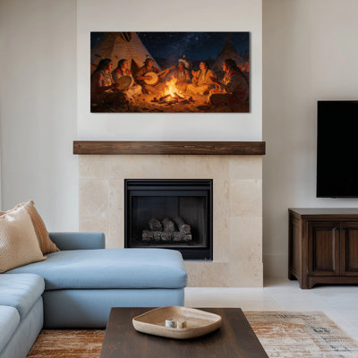 Native American Canvas Wall Art, Campfire Night Painting, Indian Heritage Storytelling Canvas Art, Feather Teepee Scene Wall Artwork, Ready to Hang Museum-Grade Poster for Home Decor, 12×24 Inches