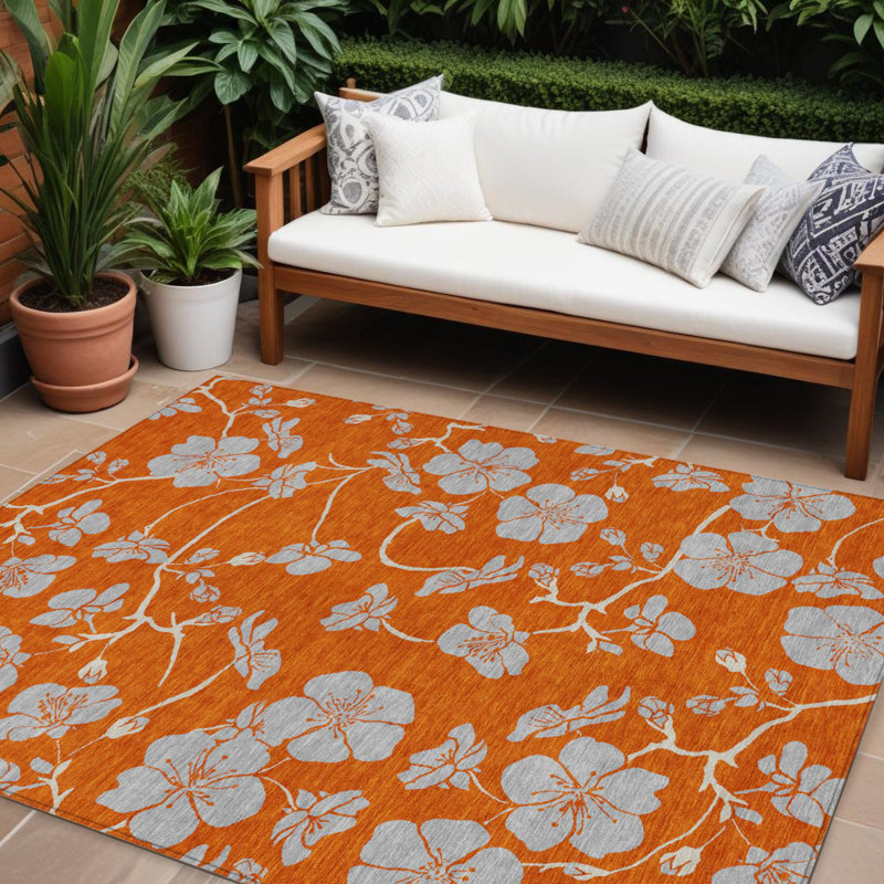 Tapis extérieur lavable floral orange et gris 8 pi x 10 pi
