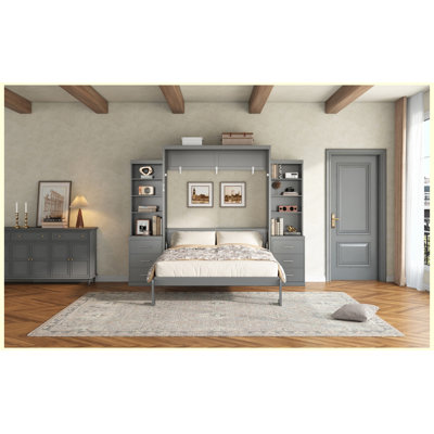 Lit escamotable double avec tablettes et tiroirs de rangement intégrés, lit mural peu encombrant, gris
